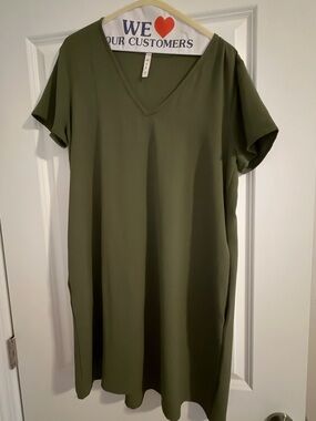 mts Olive Green V-Neck Short Sleeve Shift Dress